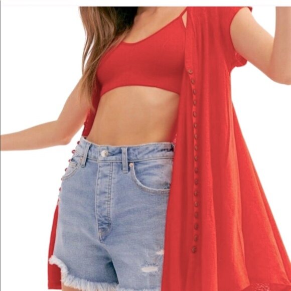 FREE PEOPLE Highland Vneck Linen Boho Oversize Festival Short Sleeve Top Trapeze - Picture 13 of 16